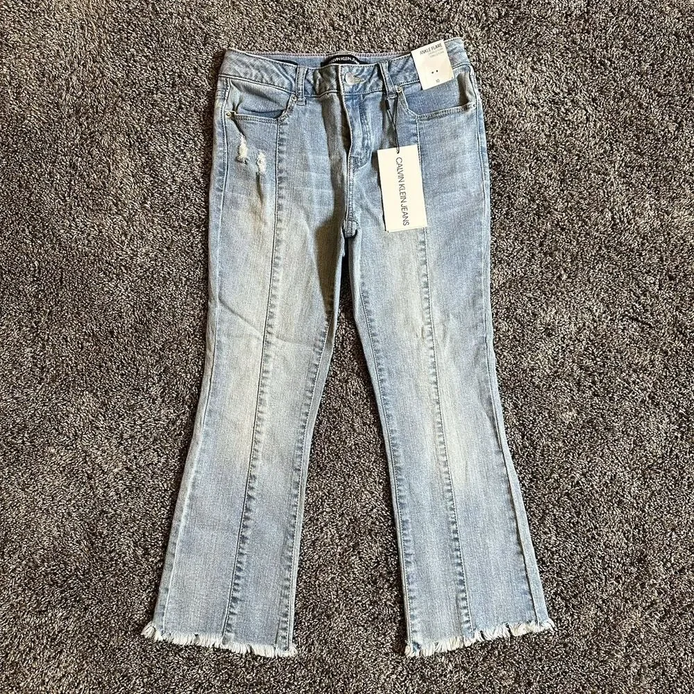 Calvin Klein Jeans Ankle Flare Girls Size 10 Fringe Raw Bottoms Stretch NWT